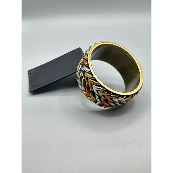 Mixed Metal Brass Copper Silver Tone Chevron Design Chunky Wide Bangle Bracelet - Picture 9 of 11